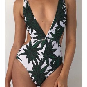 Leaf Print Plunging Neckline One Piece Swim Suit